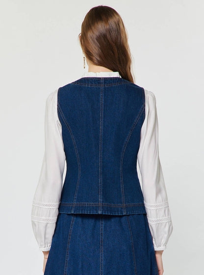 Current Air - Floral Embroidery Patch Denim Vest: Denim / L