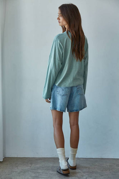 By Together - L8748 | Knit Cotton Mock Neck Long Wide Sleeve Top: Deep Taupe / L