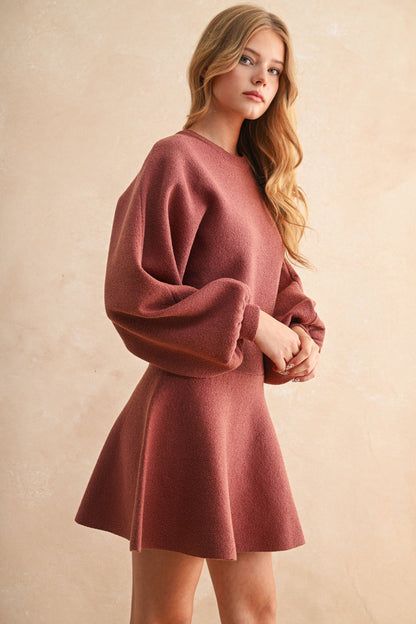 MIOU MUSE - D2660   BALLON SLEEVE SWEATER DRESS: MAROON / L