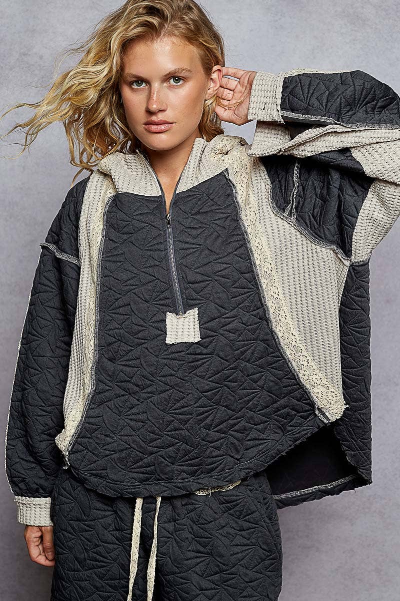 Pol Clothing - Long sleeve solid stitch edge quilted woven hoodie top: CHARCOAL / M