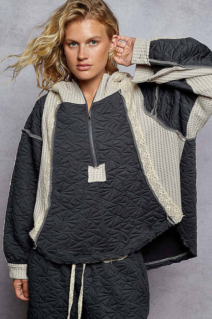 Pol Clothing - Long sleeve solid stitch edge quilted woven hoodie top: CHARCOAL / S