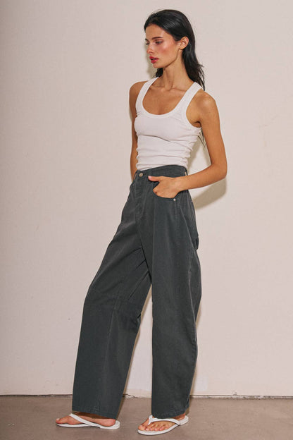 BEIGE BOTANY - A4108P-1 LADIES WOVEN COTTON WIDE LEG BARREL PANTS: Vintage Navy / L