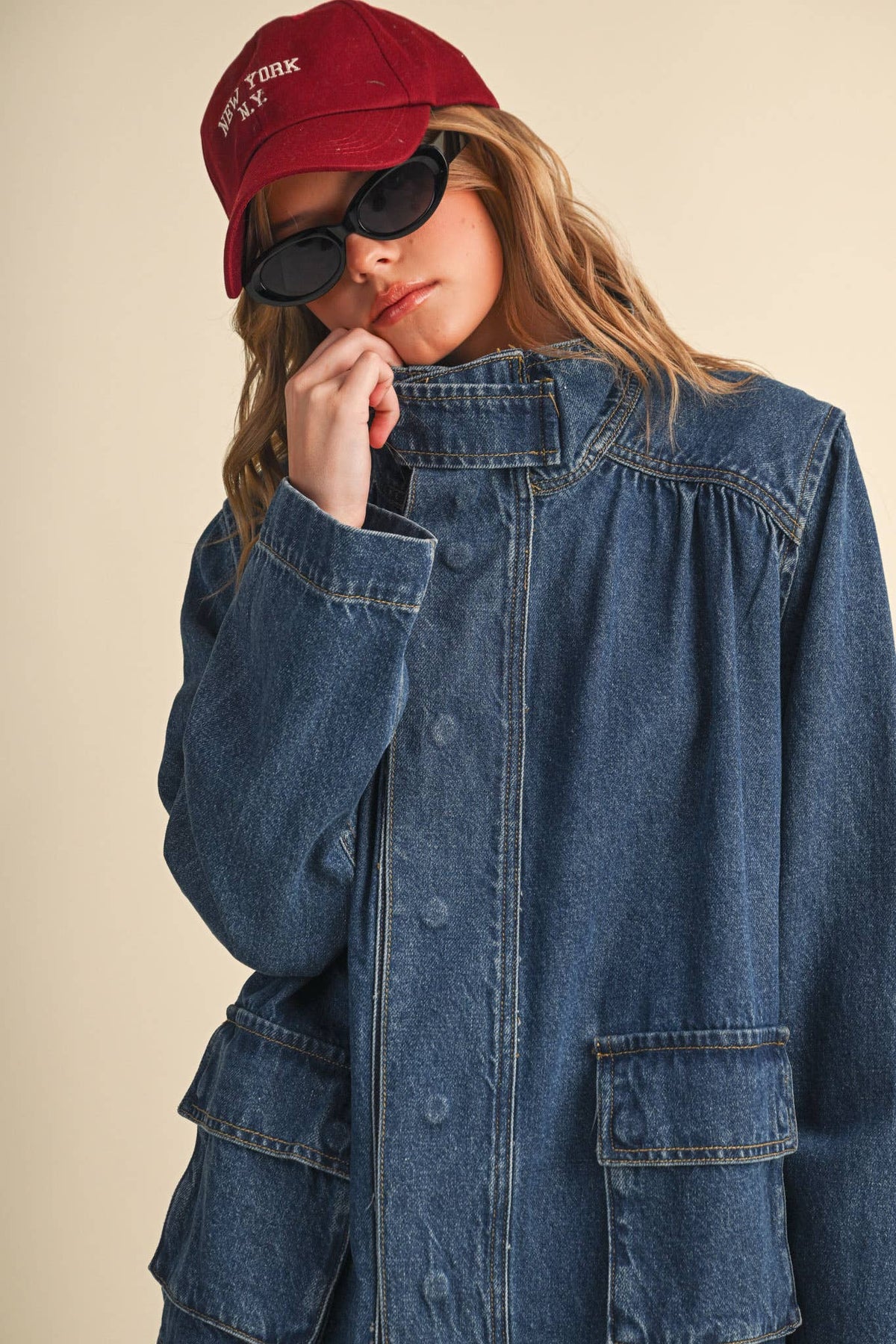 &MERCI - DENIM STAND COLLAR UTILITY JACKET MJK5157: DARK VINTAGE BLUE / L
