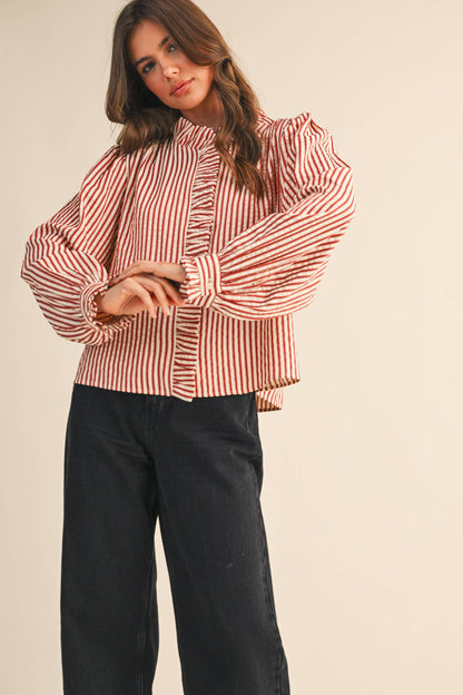 &MERCI - STRIPED RUFFLED BUTTON DOWN LONG SLEEVE TOP MTP4319: Denim Blue Stripe / L
