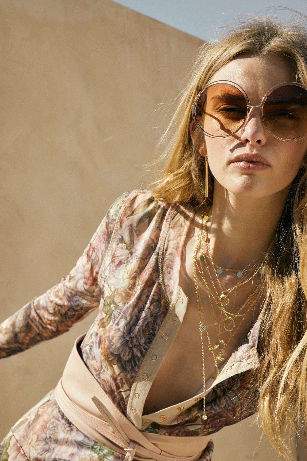 Promesa USA - Floral-Print Mesh Snap-Front Long-Sleeve Top: SAND / M