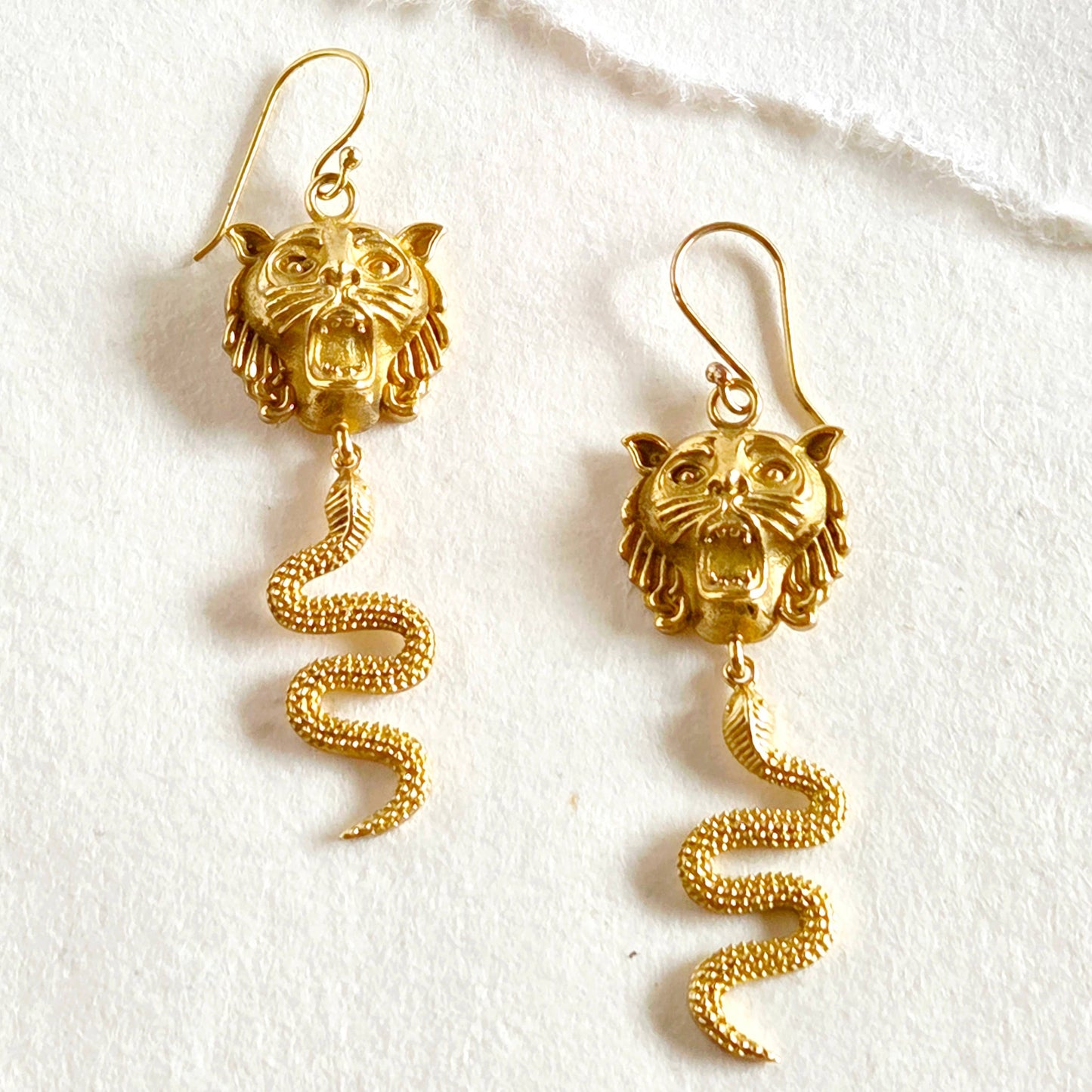 Bisjoux - Brass snake lion serpent dangle earrings handcrafted