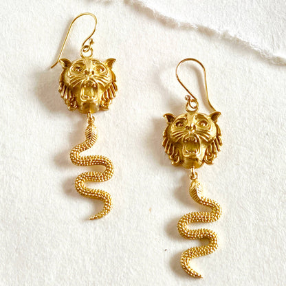 Bisjoux - Brass snake lion serpent dangle earrings handcrafted