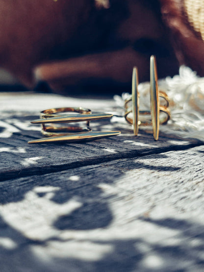 Bisjoux - Solid brass double spike needle adjustable ring handcrafted