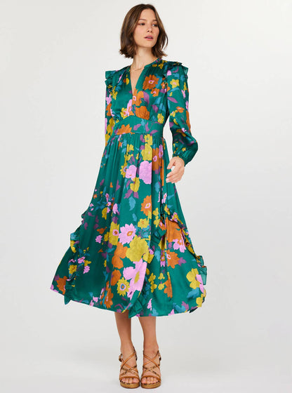 Current Air - Floral Printed Ruffled Midi Dress: Green Floral / M