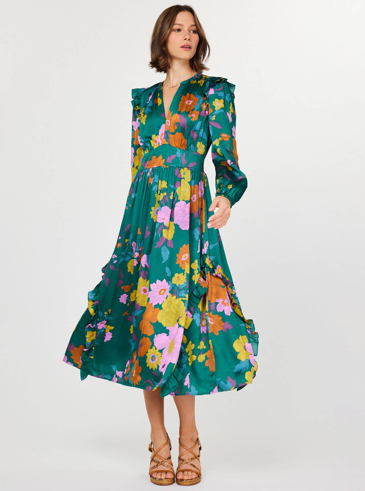 Current Air - Floral Printed Ruffled Midi Dress: Green Floral / XS