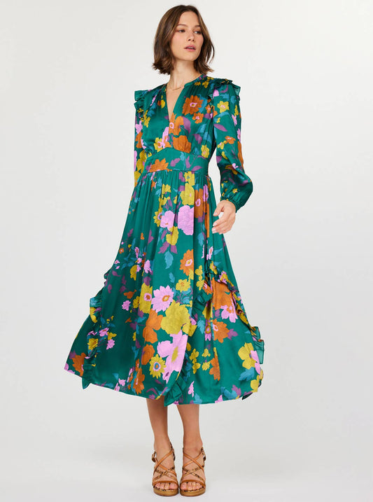 Current Air - Floral Printed Ruffled Midi Dress: Green Floral / XS