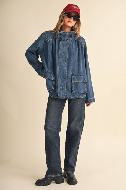&MERCI - DENIM STAND COLLAR UTILITY JACKET MJK5157: DARK VINTAGE BLUE / S
