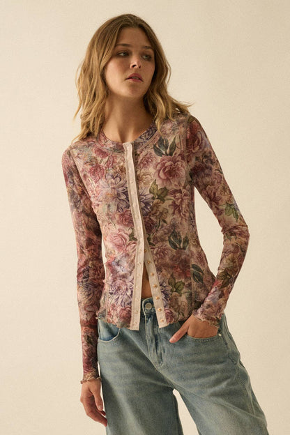 Promesa USA - Floral-Print Mesh Snap-Front Long-Sleeve Top: SAND / M