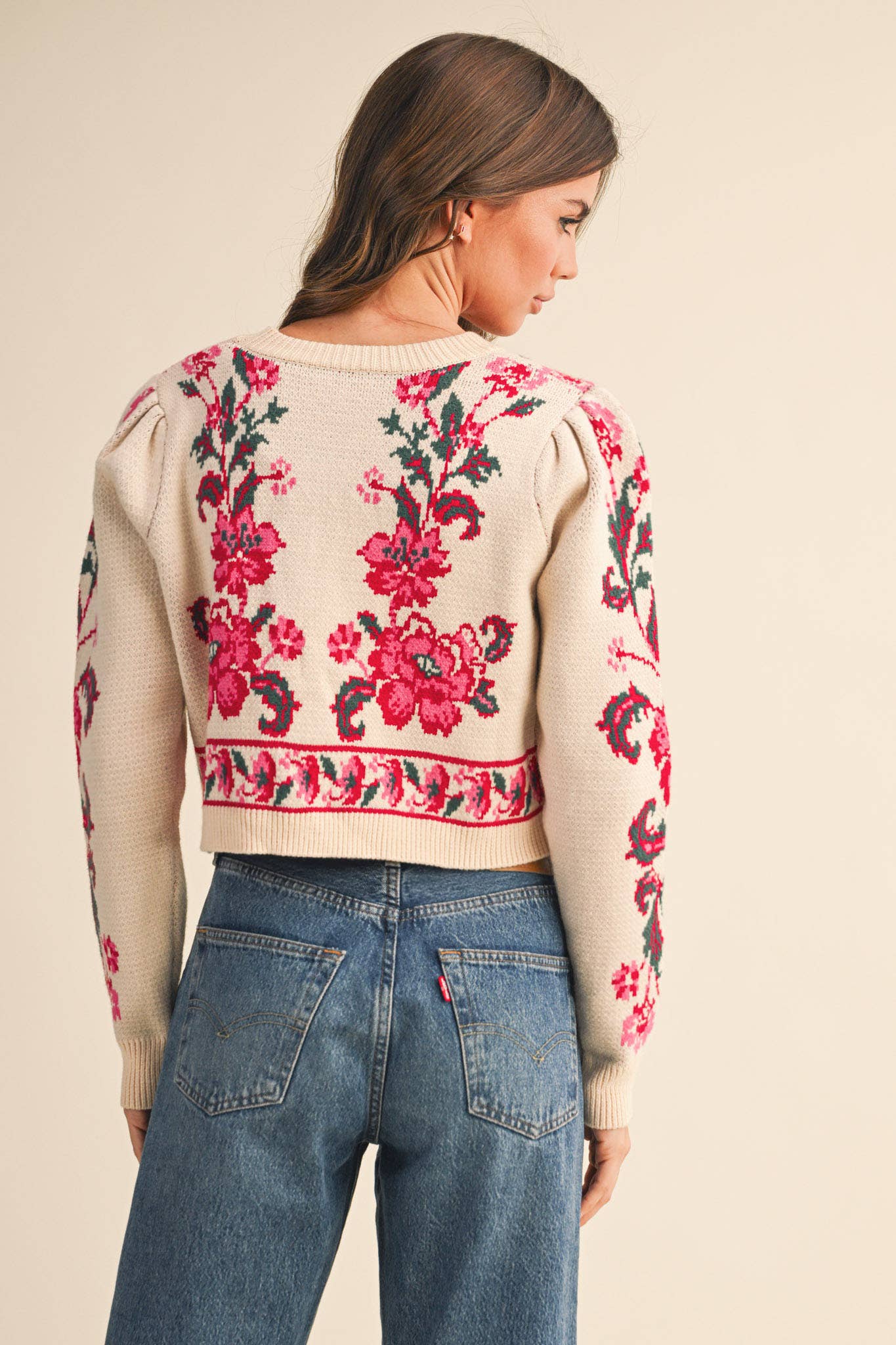 &MERCI - FLORAL KNIT TIE-FRONT CROPPED SWEATER CARDIGAN MSW11133: Brick Red Floral / S