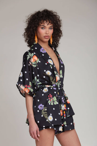 Avec Les Filles - Floral Polka Dot Satin Kimono Top: Black Scattered Botanical / L