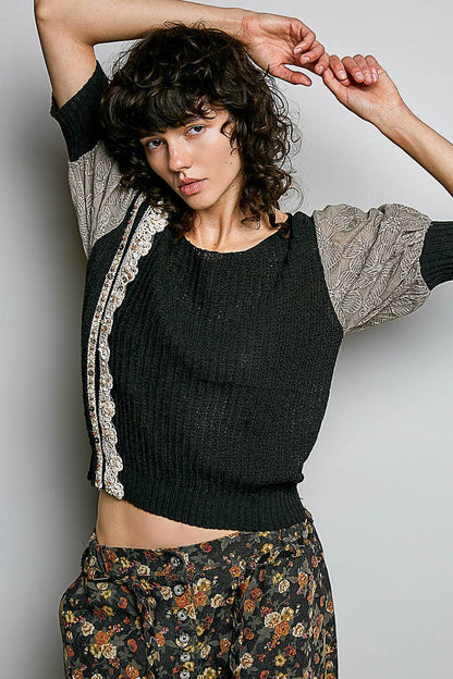 Pol Clothing - Balloon Sleeve bead Trim Point Acrylic Sweater Top : Black / L