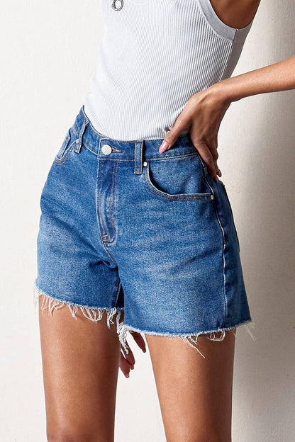 Insane Gene USA - High Rise Trim Midi Stretch Denim Shorts: L