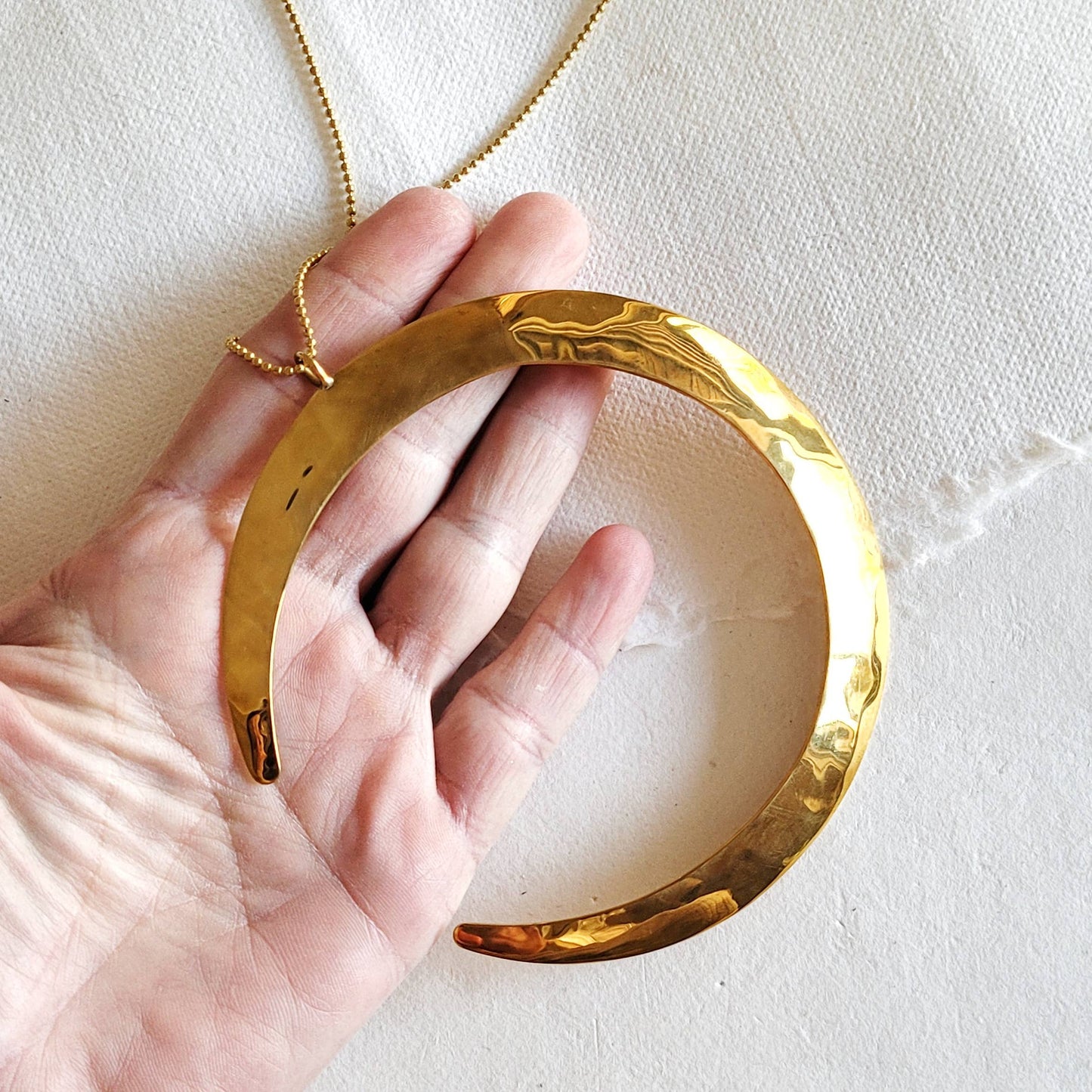 Bisjoux - Waning Moon large brass hand hammered brass Pendant necklace: Bronze