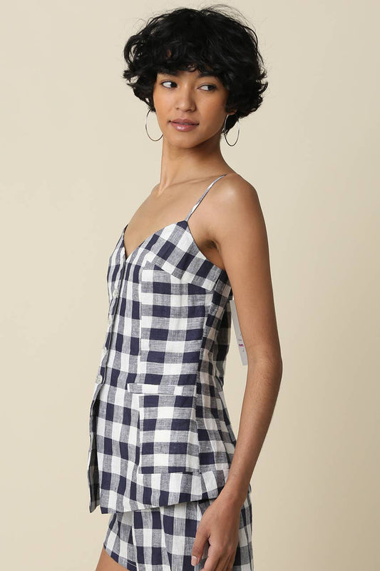 Olivaceous - Nora Gingham Linen Button Front Top: Navy White / Contemporary / S