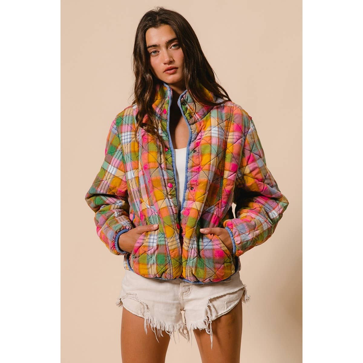 IVE - Bleached Vintage Plaid Quilted Jacket With Pockets: STAINED GLASS / S-M-L-XL(2-2-2-2)