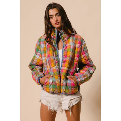 IVE - Bleached Vintage Plaid Quilted Jacket With Pockets: STAINED GLASS / S-M-L-XL(2-2-2-2)