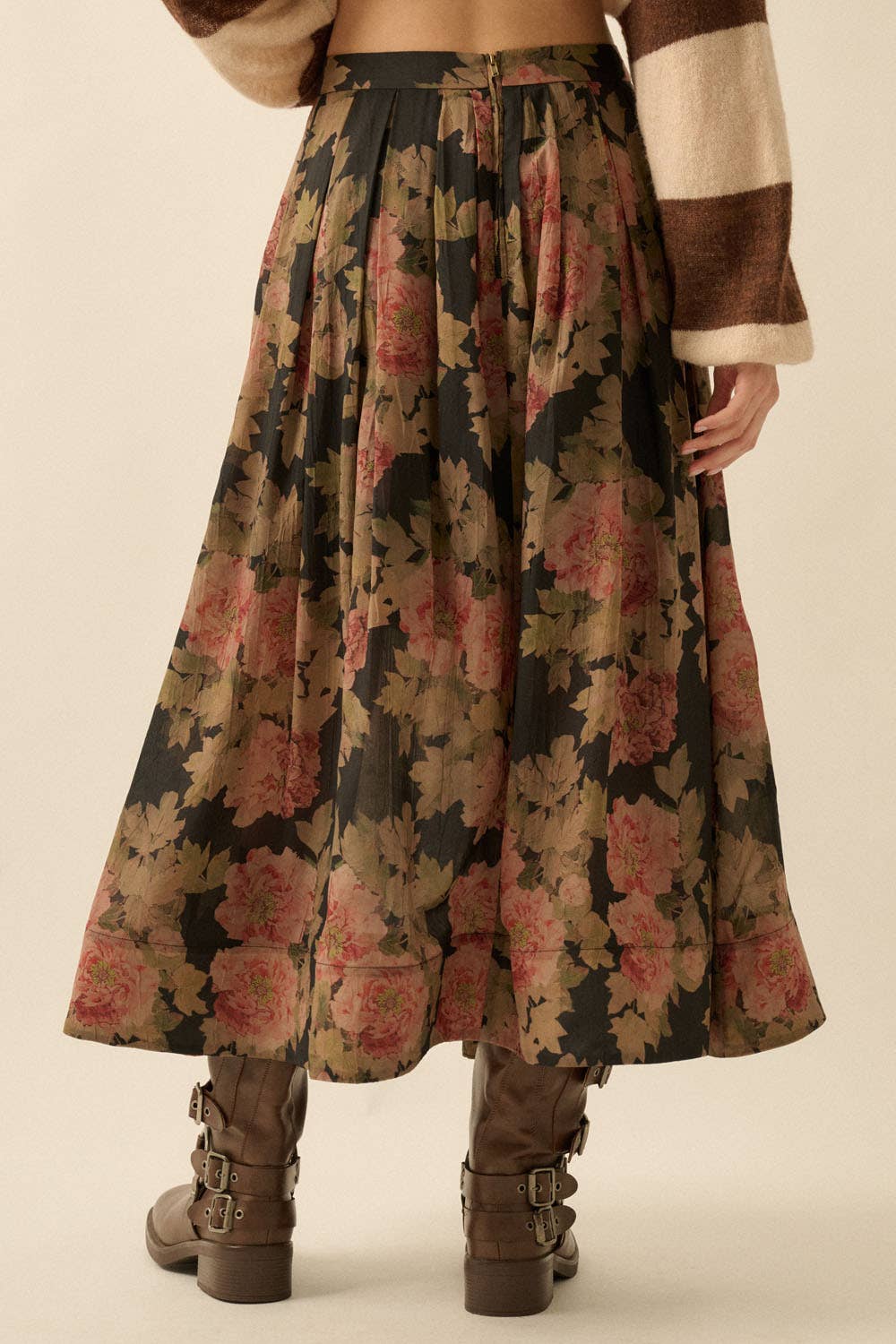 Promesa USA - Floral-Print Pleated Midi Circle Skirt: CHOCOLATE / L