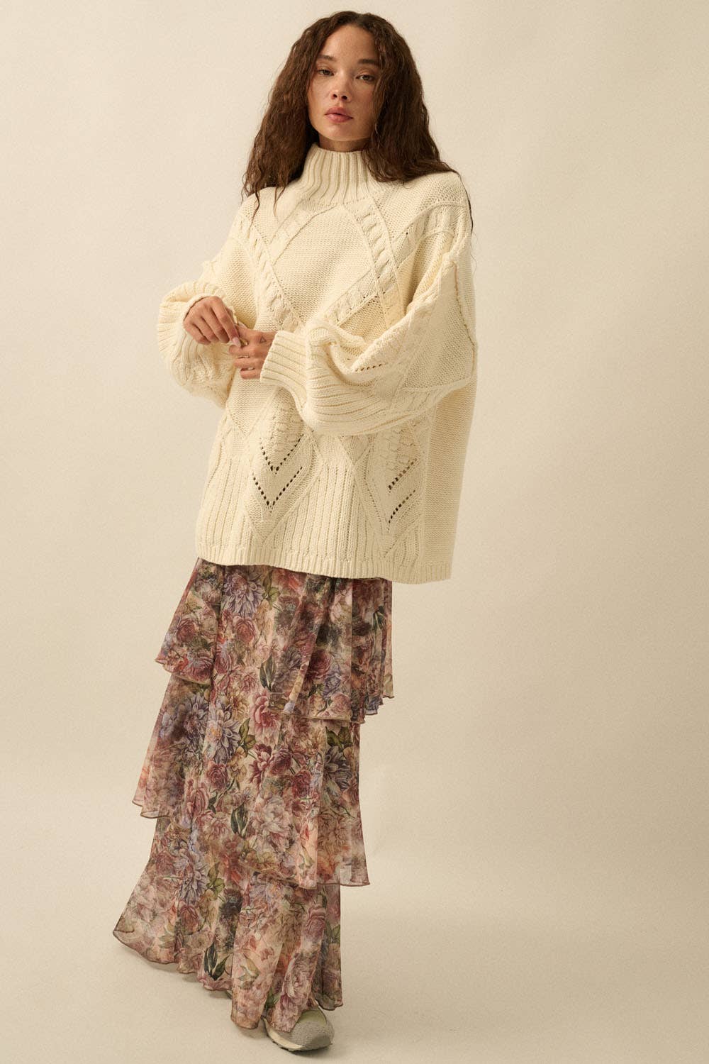 Promesa USA - Floral-Print Mesh Tiered Side-Ruffle Maxi Skirt: SAND / L