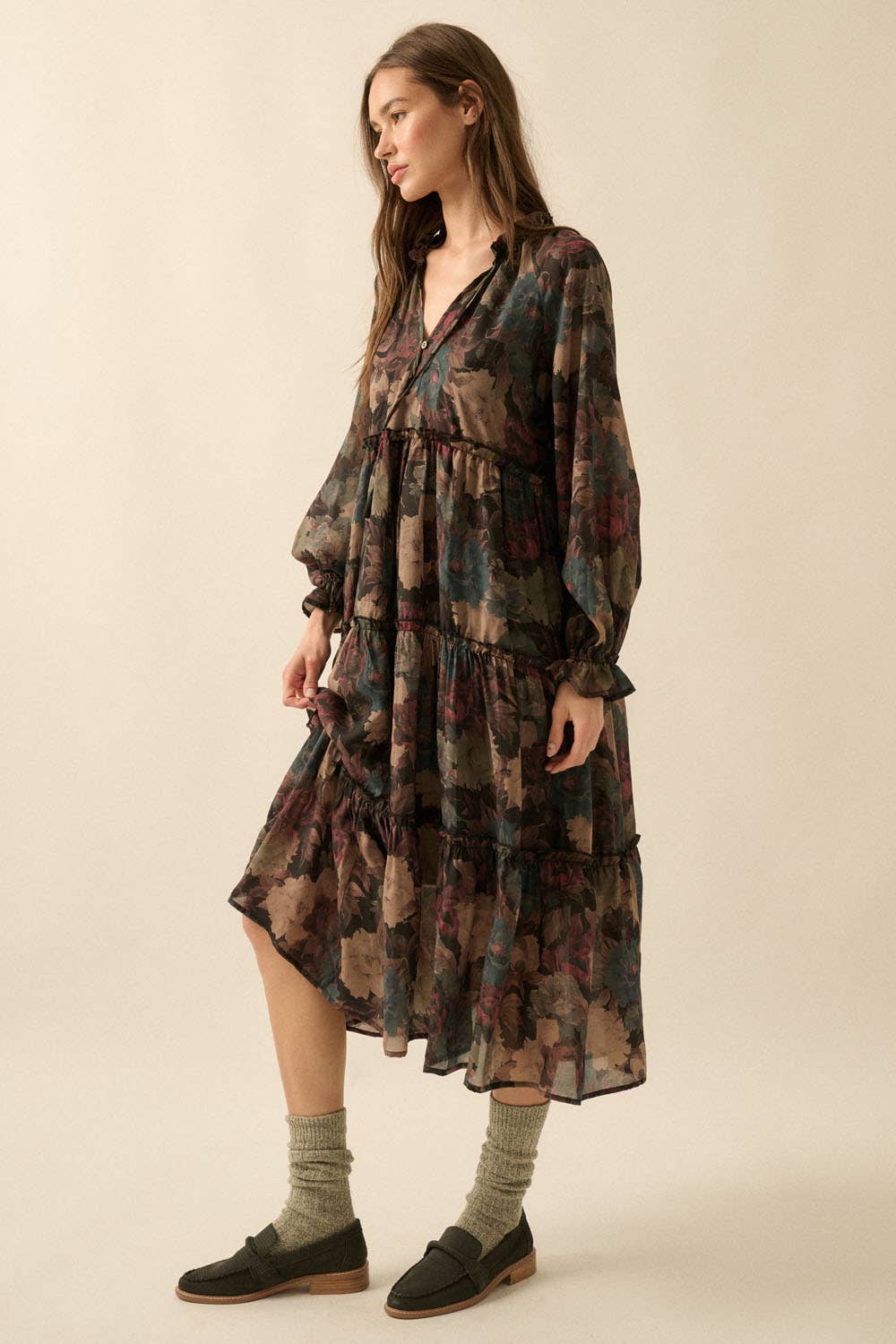 Promesa USA - Floral-Print Tiered Ruffle Long-Sleeve Midi Dress: SAND / M