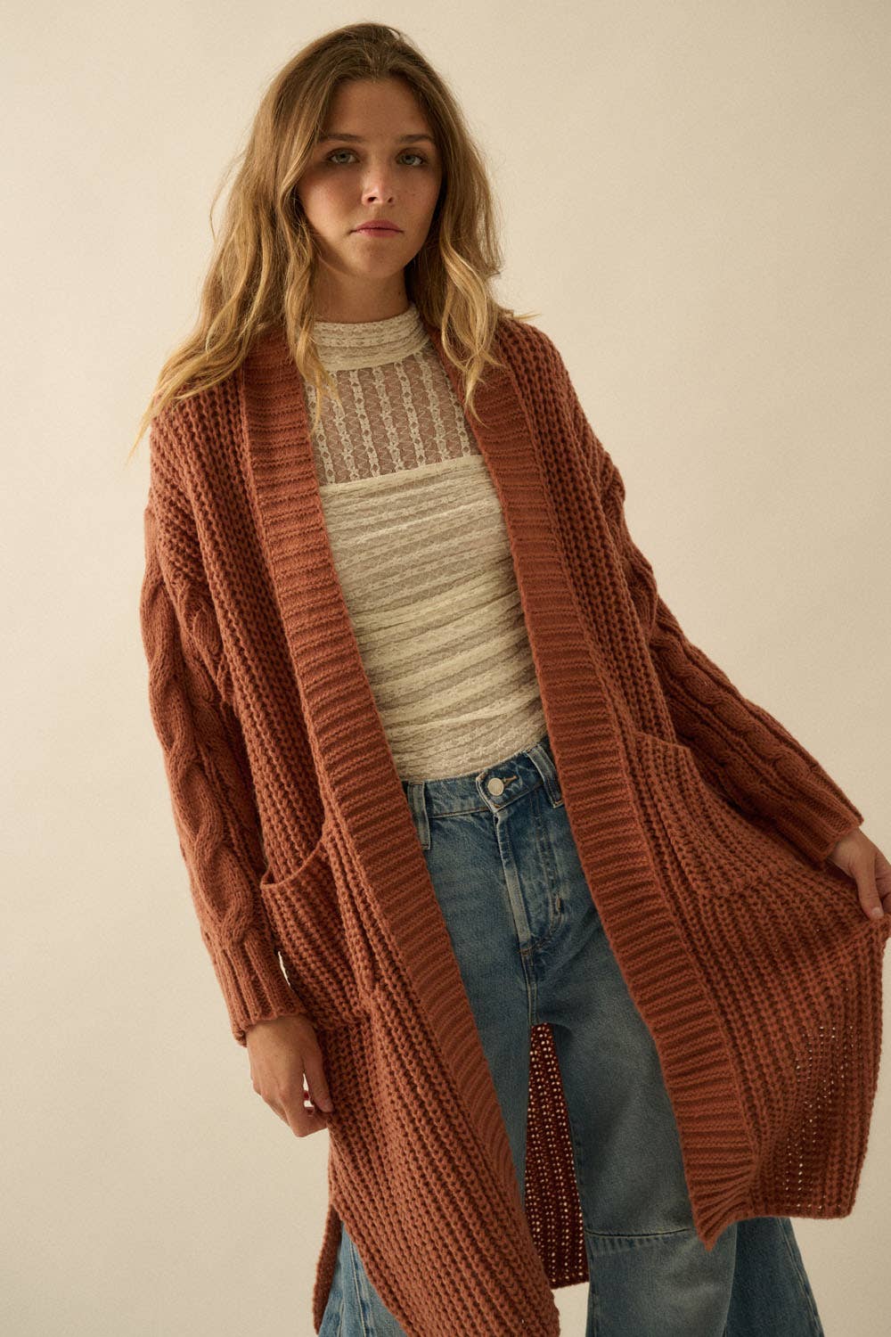 Promesa USA - Solid Rib Knit Open Front Cable Knit Cardigan: Sunburn / L