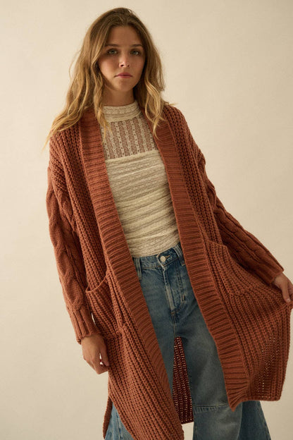 Promesa USA - Solid Rib Knit Open Front Cable Knit Cardigan: Sunburn / M