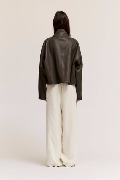 Grade & Gather - 80504LE - HIGH COLLAR SNAP BUTTONS UP VEGAN LEATHER JACKET: ASH OLIVE / Contemporary / S