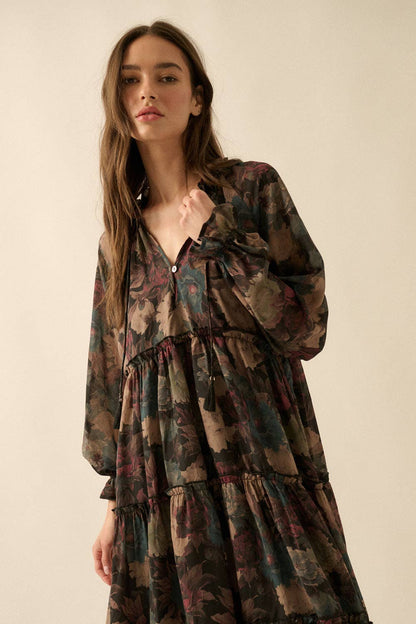 Promesa USA - Floral-Print Tiered Ruffle Long-Sleeve Midi Dress: SAND / S