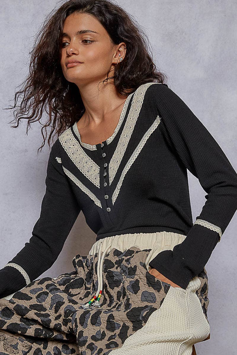 Pol Clothing - Long sleeve double gauze solid knit rib top: Black / L
