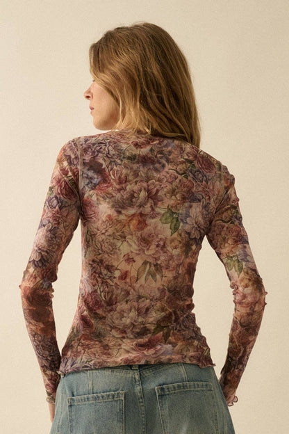 Promesa USA - Floral-Print Mesh Snap-Front Long-Sleeve Top: SAND / S