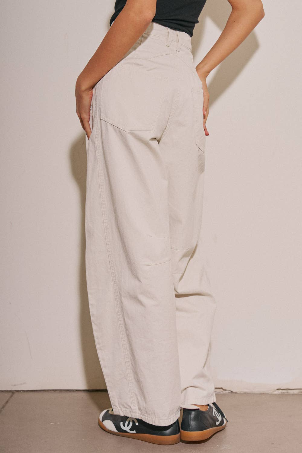 BEIGE BOTANY - A4108P-1 LADIES WOVEN COTTON WIDE LEG BARREL PANTS: Vintage Navy / S