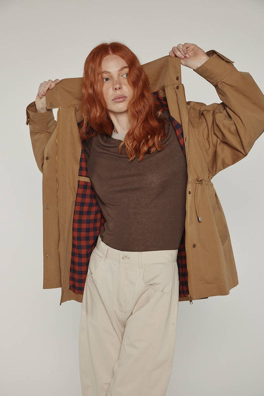amente - Tie waist utility jacket: Khaki / Solid / XS/S