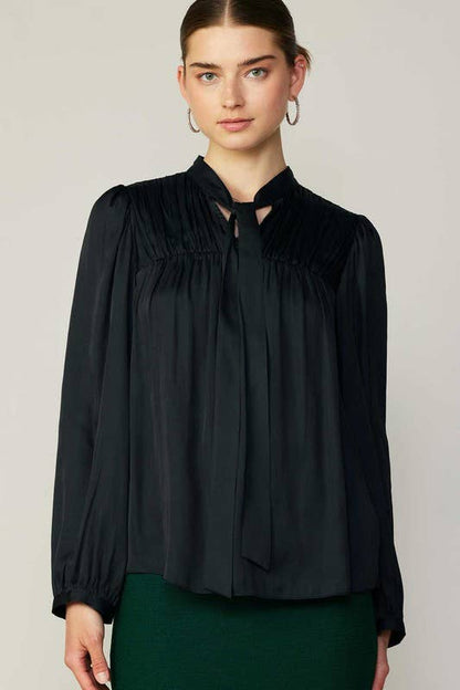Current Air - V-neck Pleated Blouse W/Self Tie: Ecru / XS