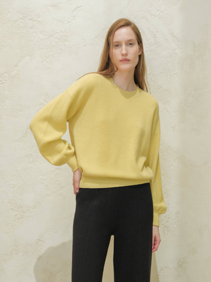 Lèmme - Ribbed crewneck sweater in cashmere blend with balloon sleeves: Ceruleo / M