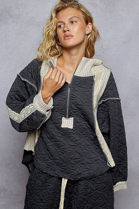 Pol Clothing - Long sleeve solid stitch edge quilted woven hoodie top: CHARCOAL / L