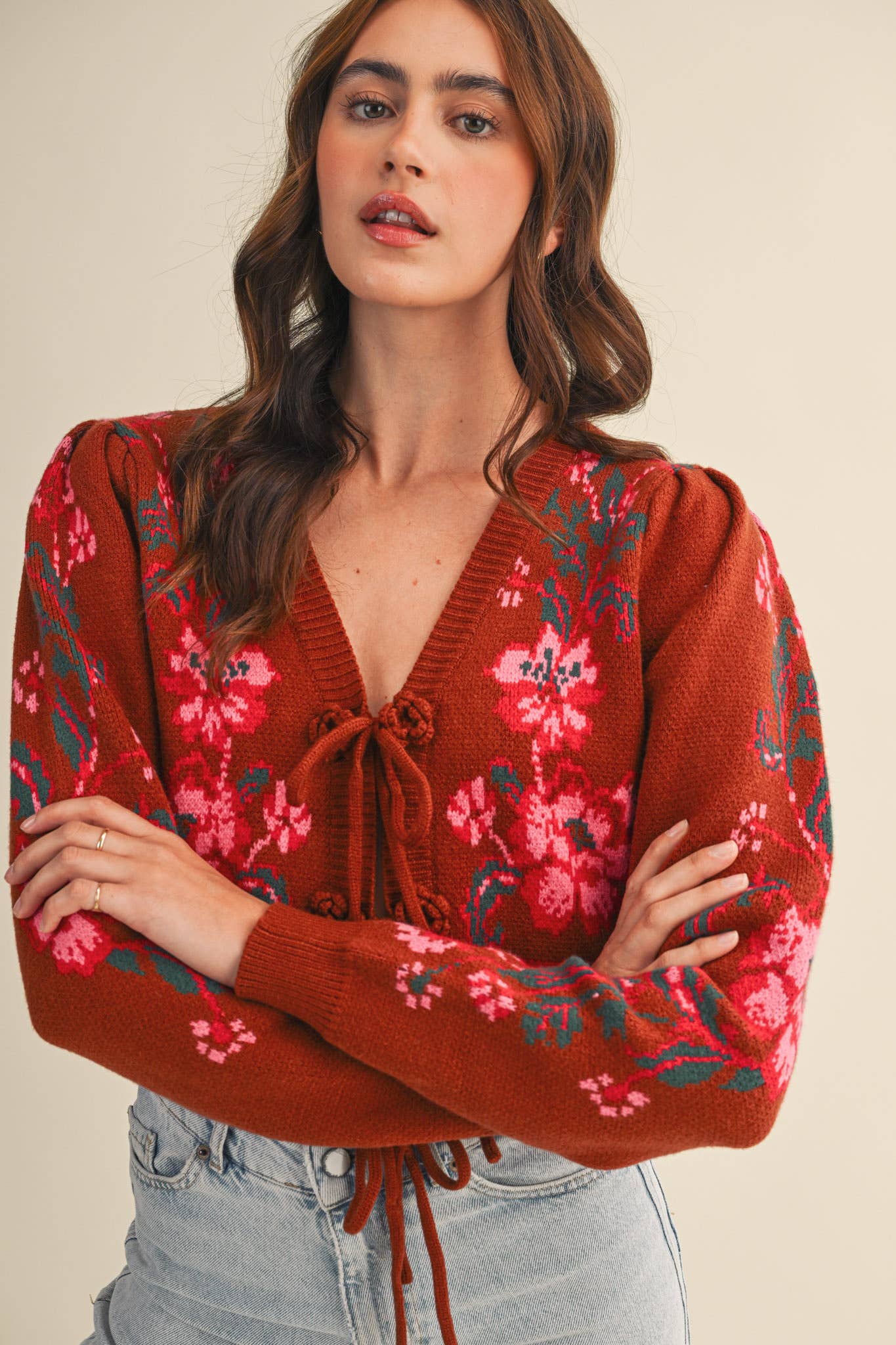 &MERCI - FLORAL KNIT TIE-FRONT CROPPED SWEATER CARDIGAN MSW11133: Brick Red Floral / M