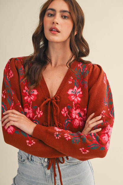 &MERCI - FLORAL KNIT TIE-FRONT CROPPED SWEATER CARDIGAN MSW11133: Brick Red Floral / S