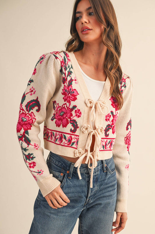 &MERCI - FLORAL KNIT TIE-FRONT CROPPED SWEATER CARDIGAN MSW11133: Brick Red Floral / S