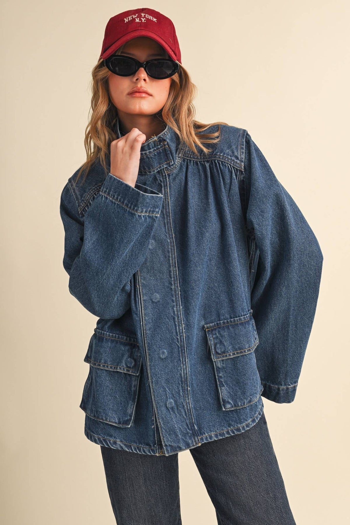 &MERCI - DENIM STAND COLLAR UTILITY JACKET MJK5157: DARK VINTAGE BLUE / L