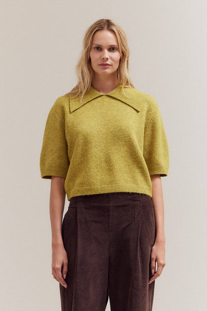 Grade & Gather - 42034 - 3/4 SHORT SLEEVE COLLAR NECK KNIT TOP: IRISH CREAM / Contemporary / MEDIUM