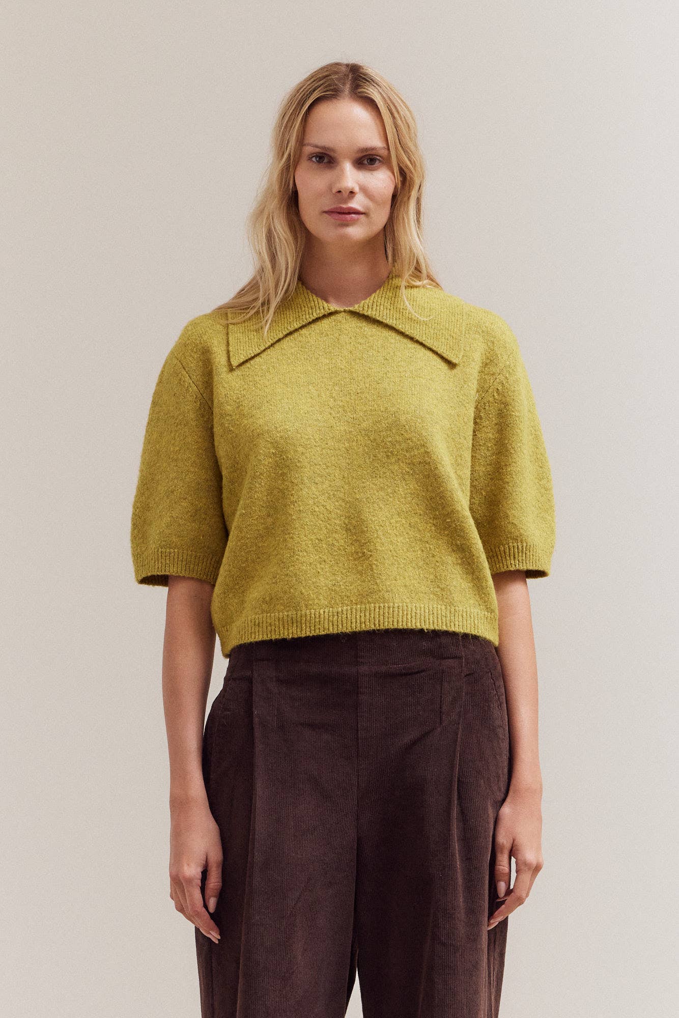 Grade & Gather - 42034 - 3/4 SHORT SLEEVE COLLAR NECK KNIT TOP: IRISH CREAM / Contemporary / SMALL