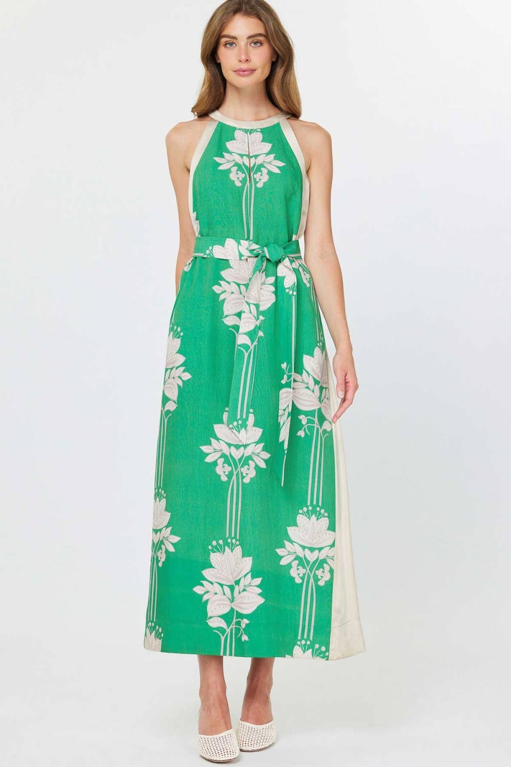 Current Air - Floral Print Halter Neck Midi Dress: JADE GREEN MLT / L