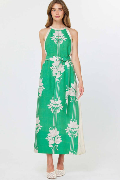 Current Air - Floral Print Halter Neck Midi Dress: JADE GREEN MLT / S