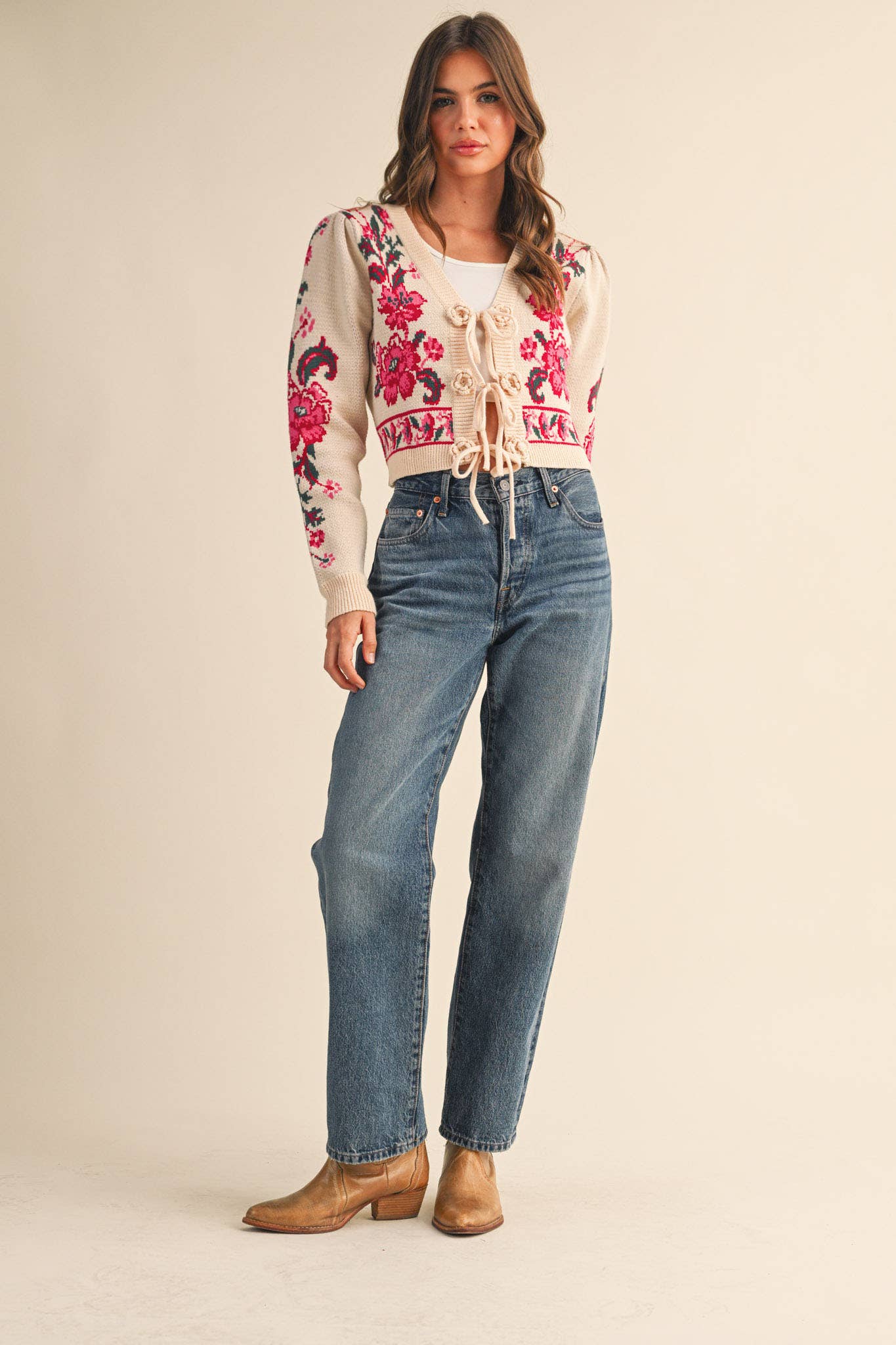 &MERCI - FLORAL KNIT TIE-FRONT CROPPED SWEATER CARDIGAN MSW11133: Brick Red Floral / L