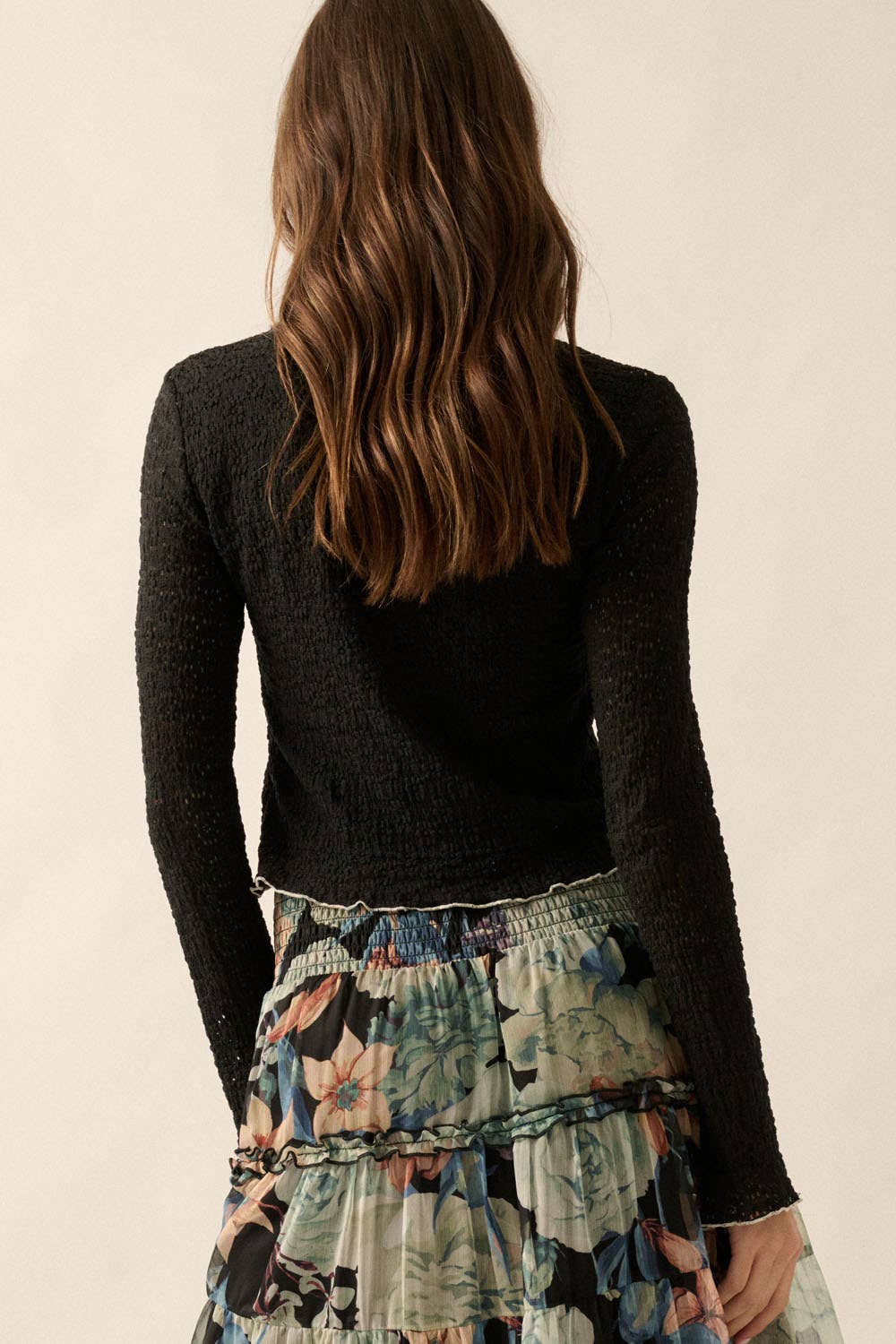 Promesa USA - Textured Floral Lace Cropped Mock Neck Top: Black / M