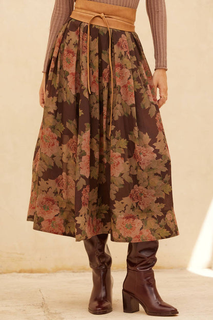 Promesa USA - Floral-Print Pleated Midi Circle Skirt: CHOCOLATE / L